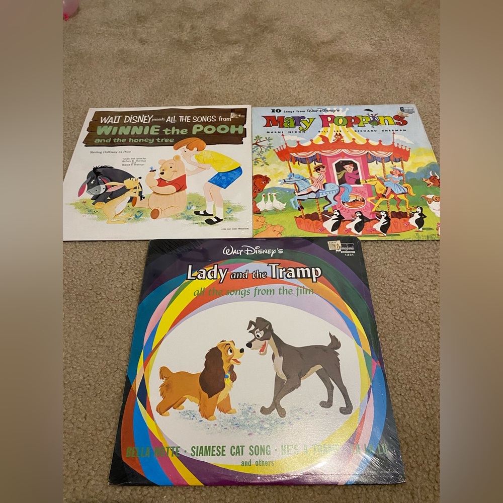 Vintage records new in plastic disney winnie pooh lady, the tramp, mary poppins